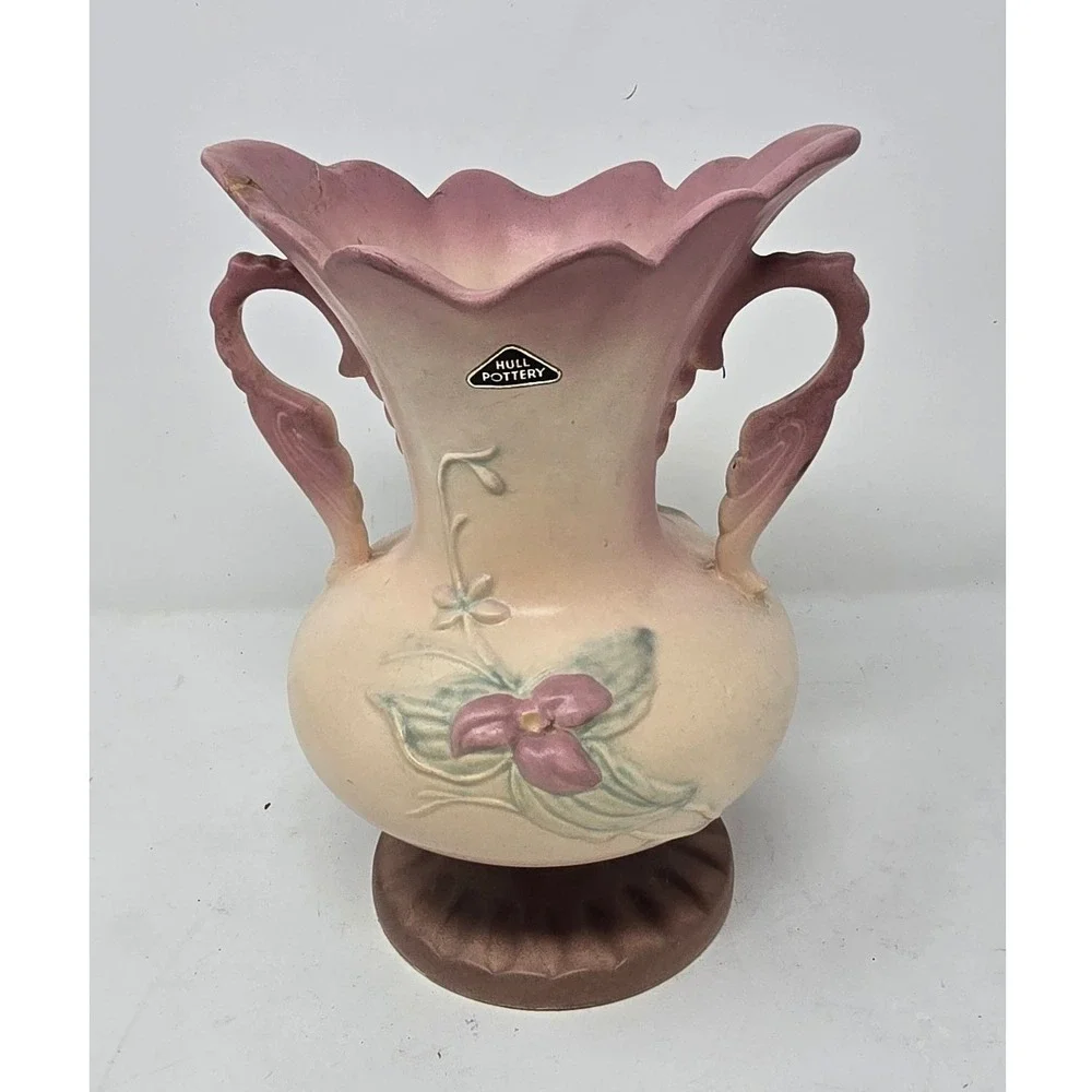 Vtg 1940s Hull Pottery Magnolia pattern‎ double handle vase USA cottagecore MCM